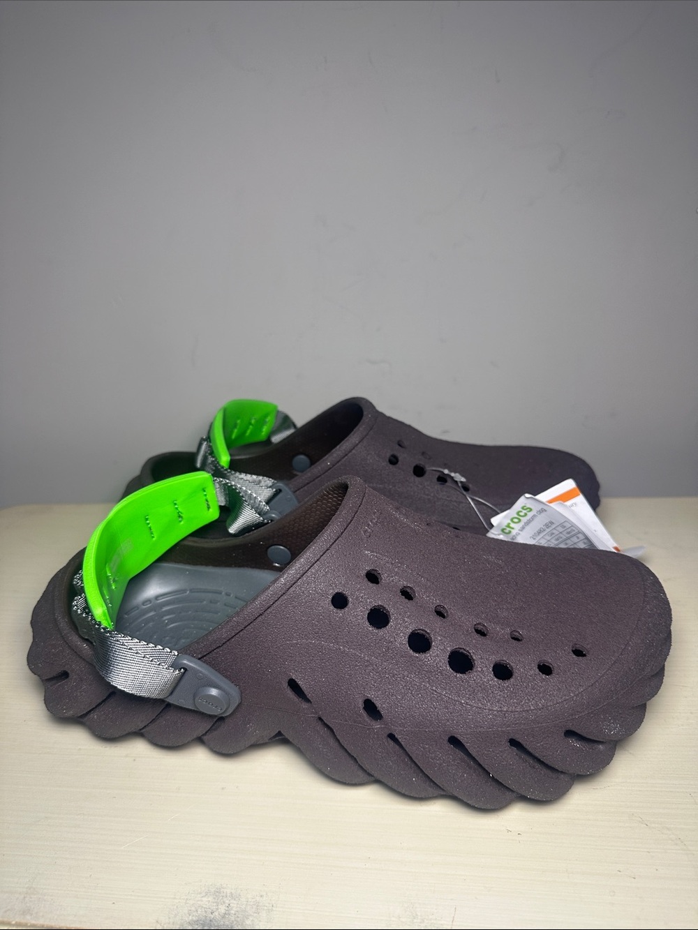 Crocs New Brown Foam Echo Sandstorm Clog with Neon Green Strap